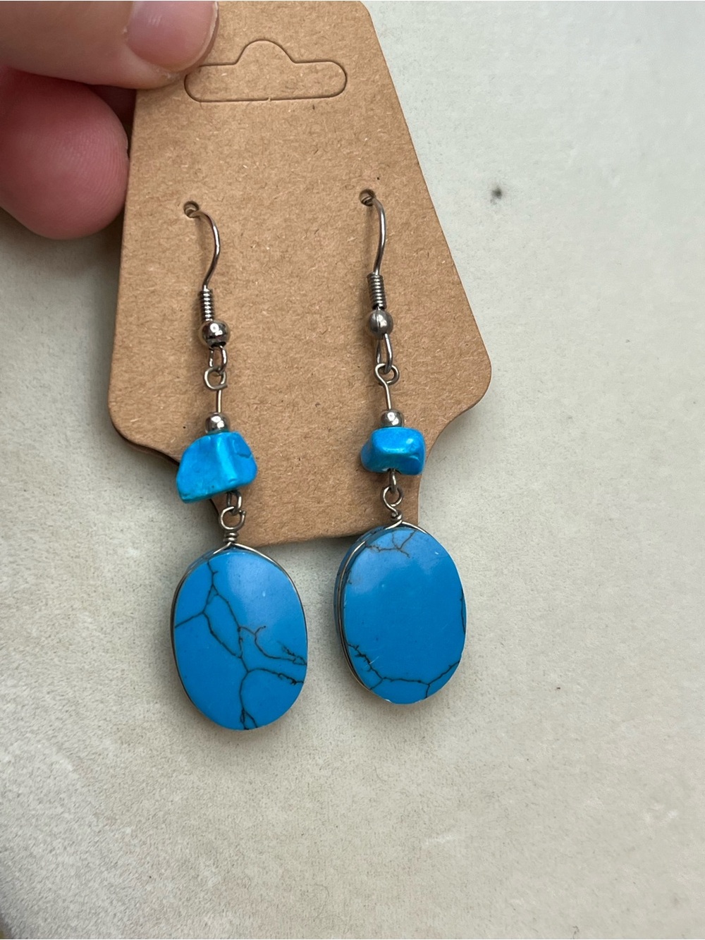 Vintage Blue Howlite Stone  Statement Earrings Dangle Southwest 2” Silver Tone